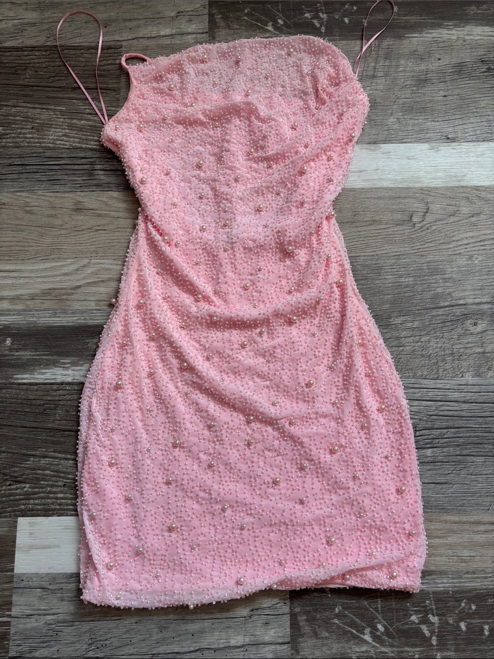 Homecoming Pink Beaded Spaghetti Strap Mini Dress